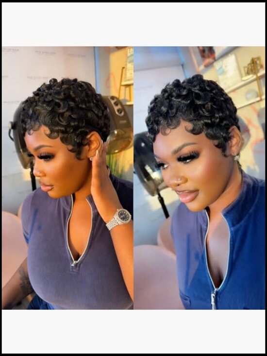 Short Curly Pixie Wig Human Hair Ready To Wear Glueless With Bangs 6 Inch main image 5